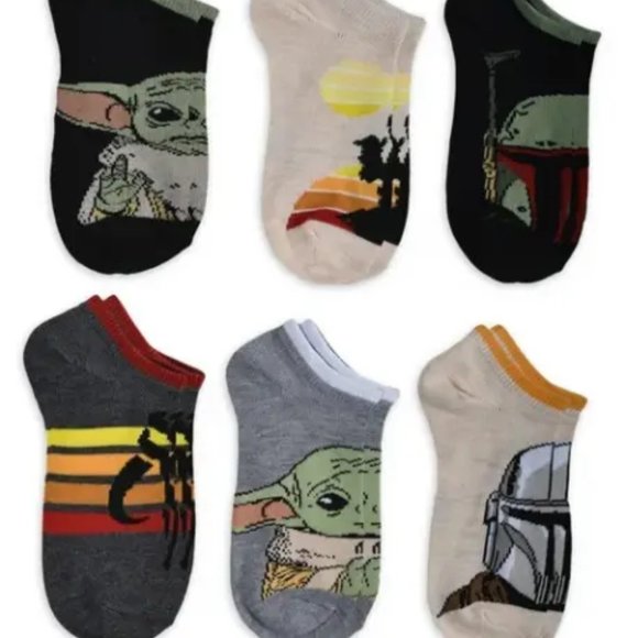 Star Wars Mandalorian Baby Grogu Boba Fett 6 Pack No Show Socks Unisex L 3-9 NWT - Picture 1 of 4